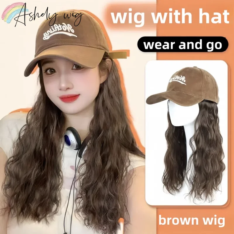 

Brown Wig for Women 18inch Brown Curly Hair Fashion Daily Wigs with Hat Wear and Go Synthetic Wigs half wig 가발