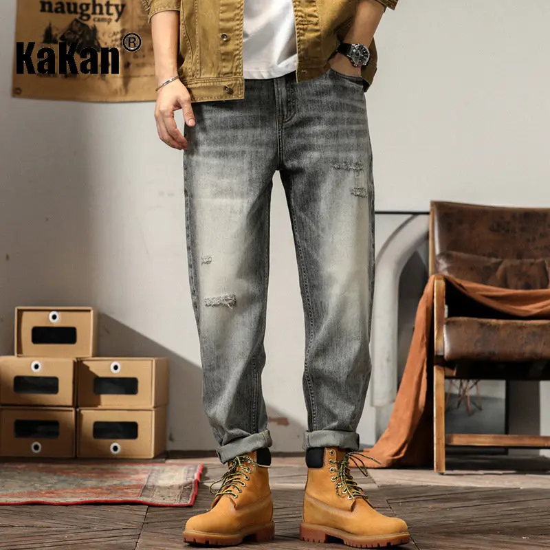 

Kakan-spring and Summer New Vintage Jeans Men's Wear, Daniel Style 0 Version Loose Leg Cropped Jeans K020-7303