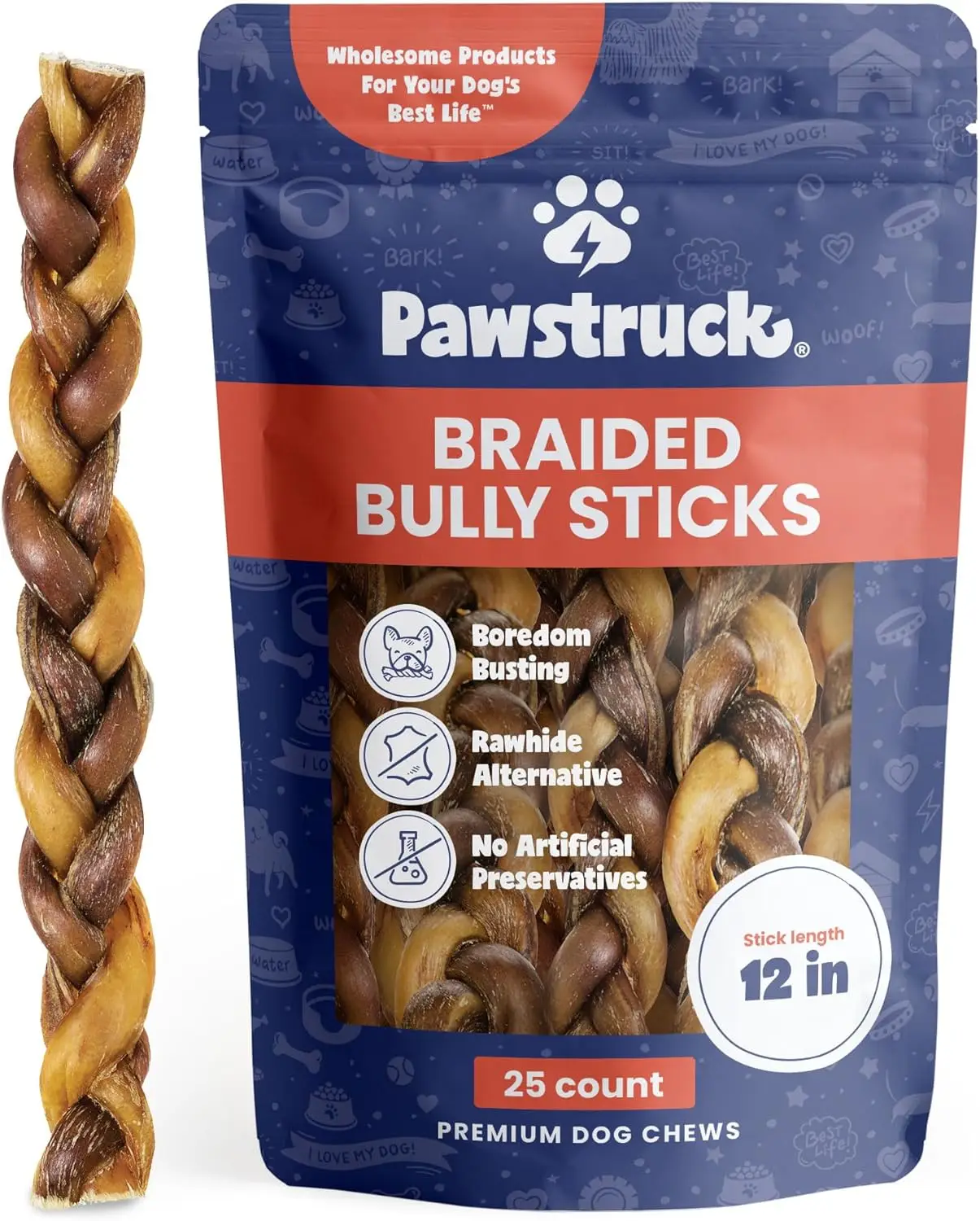Natural 12” Braided Bully Sticks for Dogs - Tough, Long-Lasting, Rawhide-Free, Low Odor