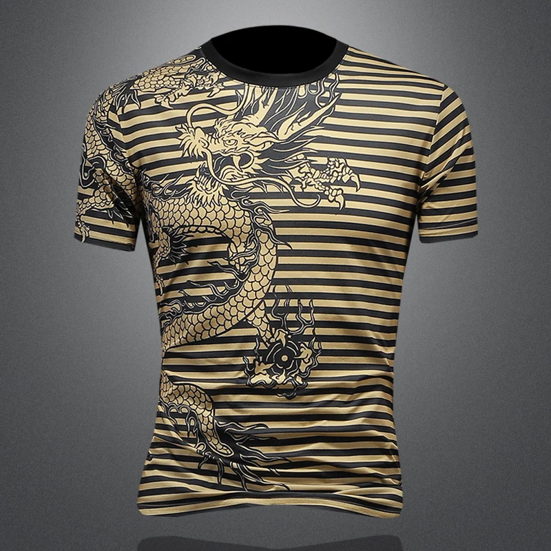 Mercerized Cotton High-End T Shirt For Men Short Sleeve Stretchy Summer Quality Striped Tiger Printed Casual Camisetas De Hombre