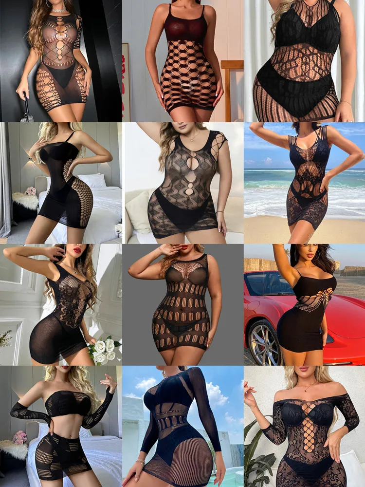 

2024 Women Fashion Underwear 18 Styles Fishing Net Bodycon Dress High Elasticity Short Skirt Mesh Transparent Tight Lingerie