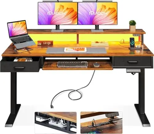 Electric Standing Desk with Drawers & Keyboard Tray, 55 Inch Height Adjustable Gaming Desk with Power Outlets & LED
