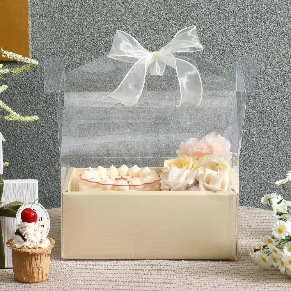 10 Pack 4 Inch Clear Cake and Flower Gift Boxes with Ribbon, Ideal for Weddings Parties Holidays