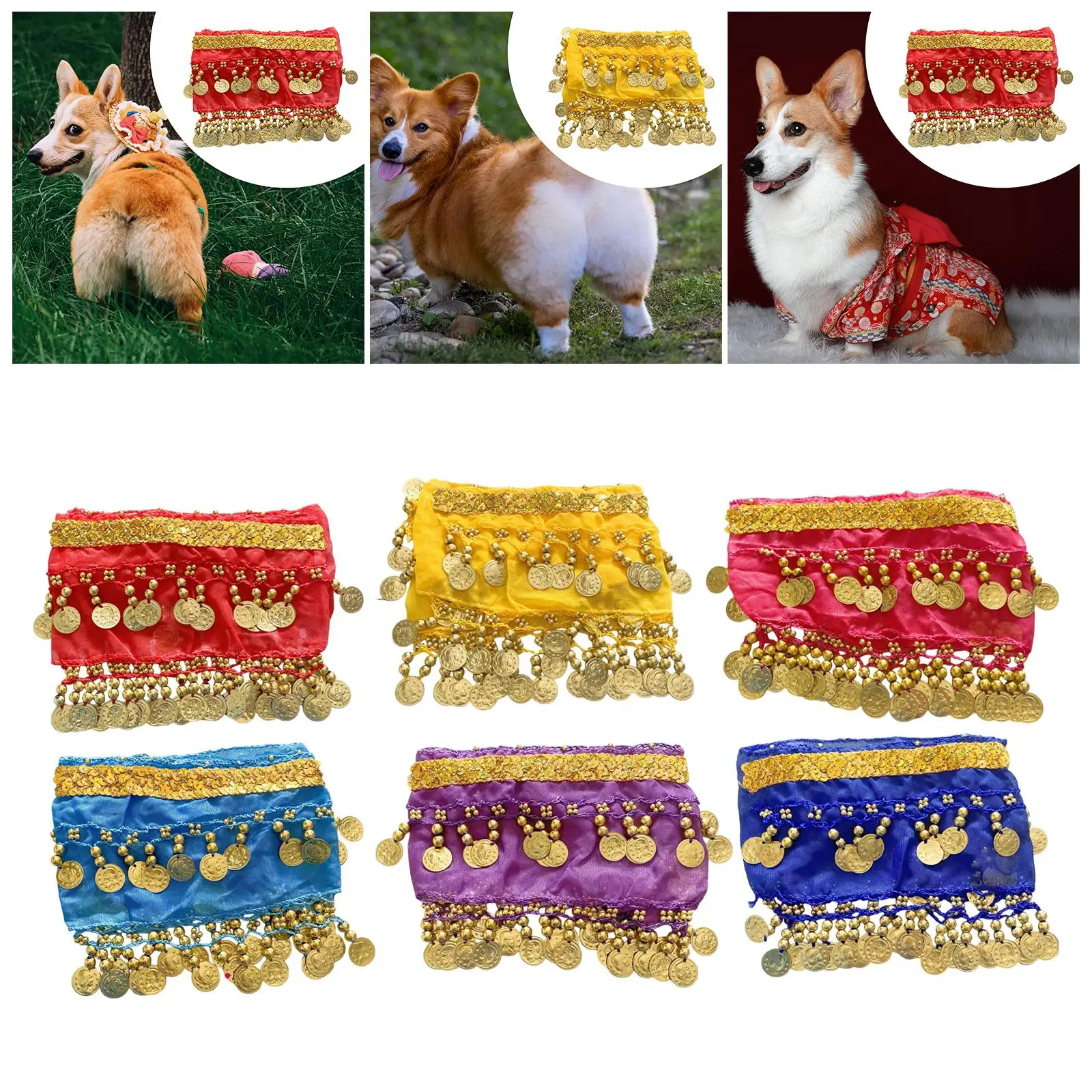 Dog Belly Dance Hip Scarf Universal Fit Sequin Waist Chain Pet Dress for Large and Small Dogs