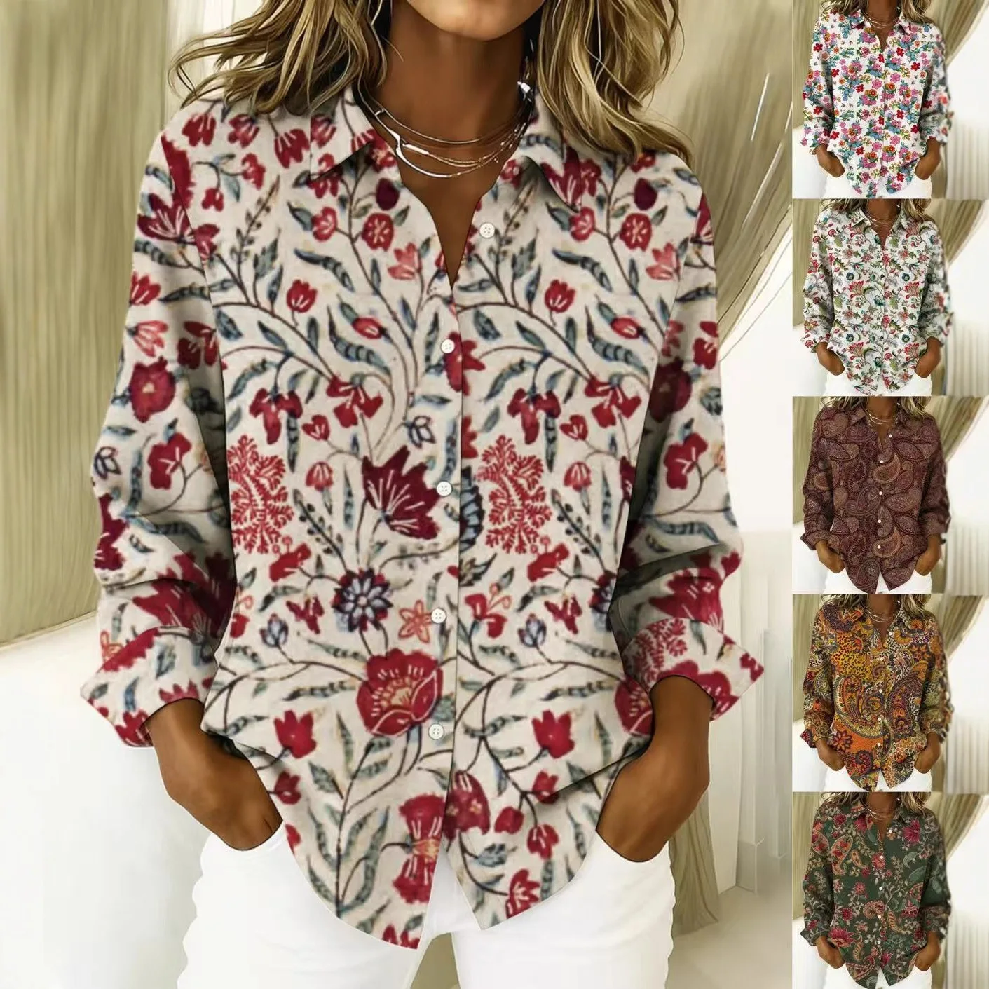

Elegant Women's Long Sleeve Shirts Autumn New Casual Loose Floral Print Shirt Women Tops 셔츠 긴팔블라우스 빈티지 셔츠 Рубашка Женские Bulsas