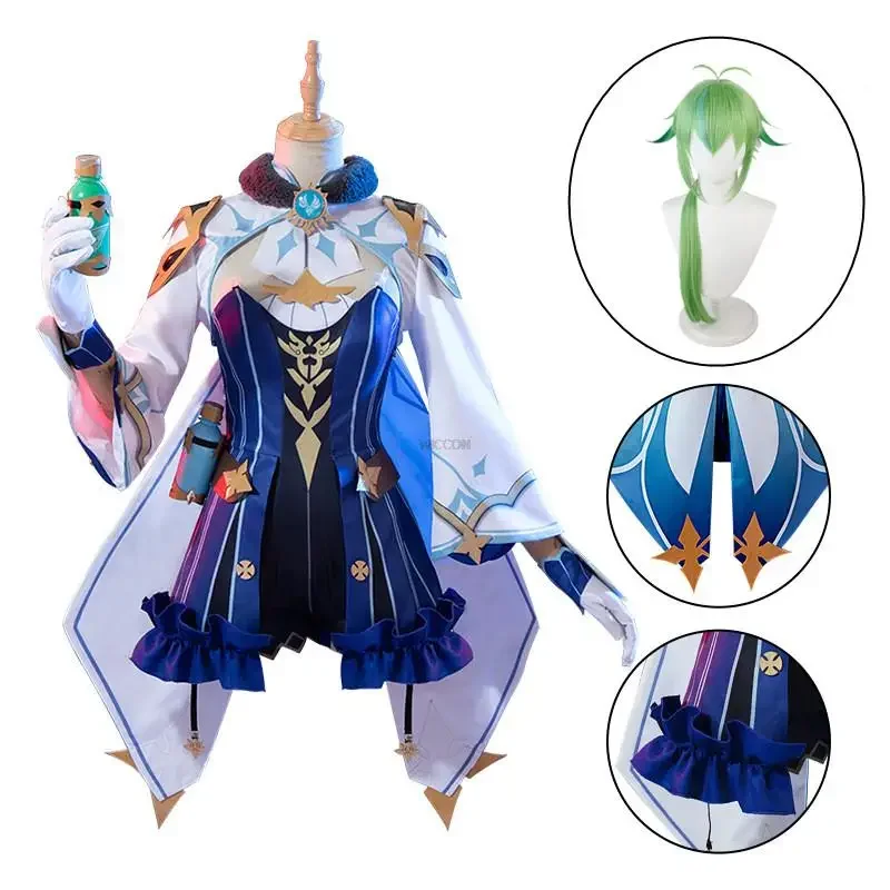 Genshin Impact Sacarose Cosplay Traje para Mulheres, Uniforme de Carnaval Adulto, Peruca Anime, Festa de Halloween, Jogo Completo