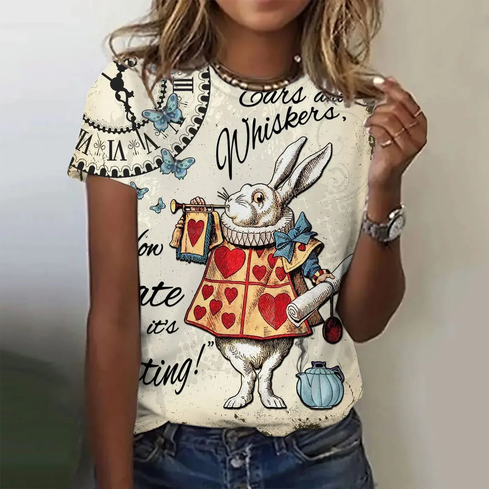 Women's T-Shirt Summer Short Sleeve  Loose Casual Rabbit Print Top Kawaii Funny Pattern Pullover T Shirts for Girls Sweater