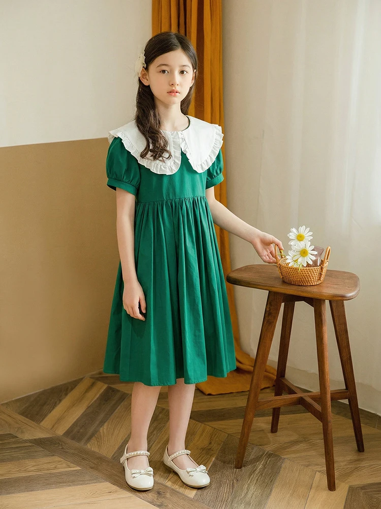 

Платье для девочек с контрастными вставками, воротником-куклой и пышными рукавами, летнее, в стиле французского ретро, новая модель, элегантное платье-принцесса