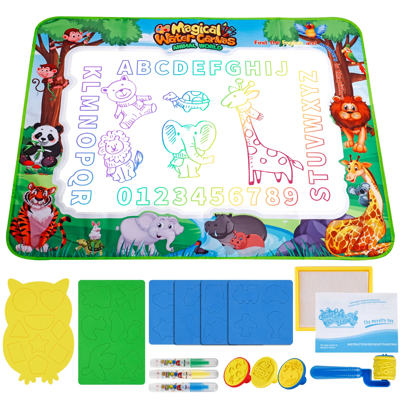 MQUDUO Kids Water Doodle Mat with Magic Pens, Reusable Mess Free Drawing Pad for Alphabet Learning Art Play