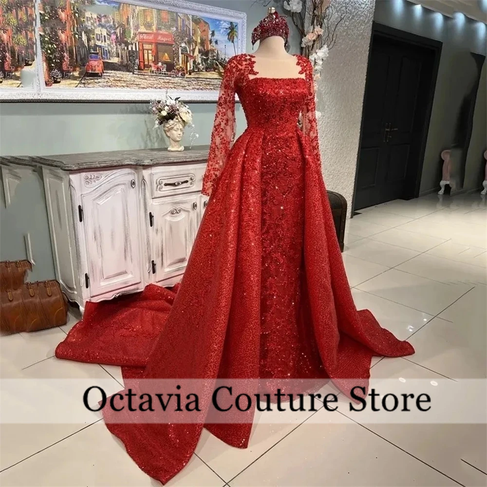 

Saudi Arabic Glitter Red Evening Dresses Luxury For Special Occasions Long Sleeve Sequins Gown Wedding Dress Custom فستان وردي