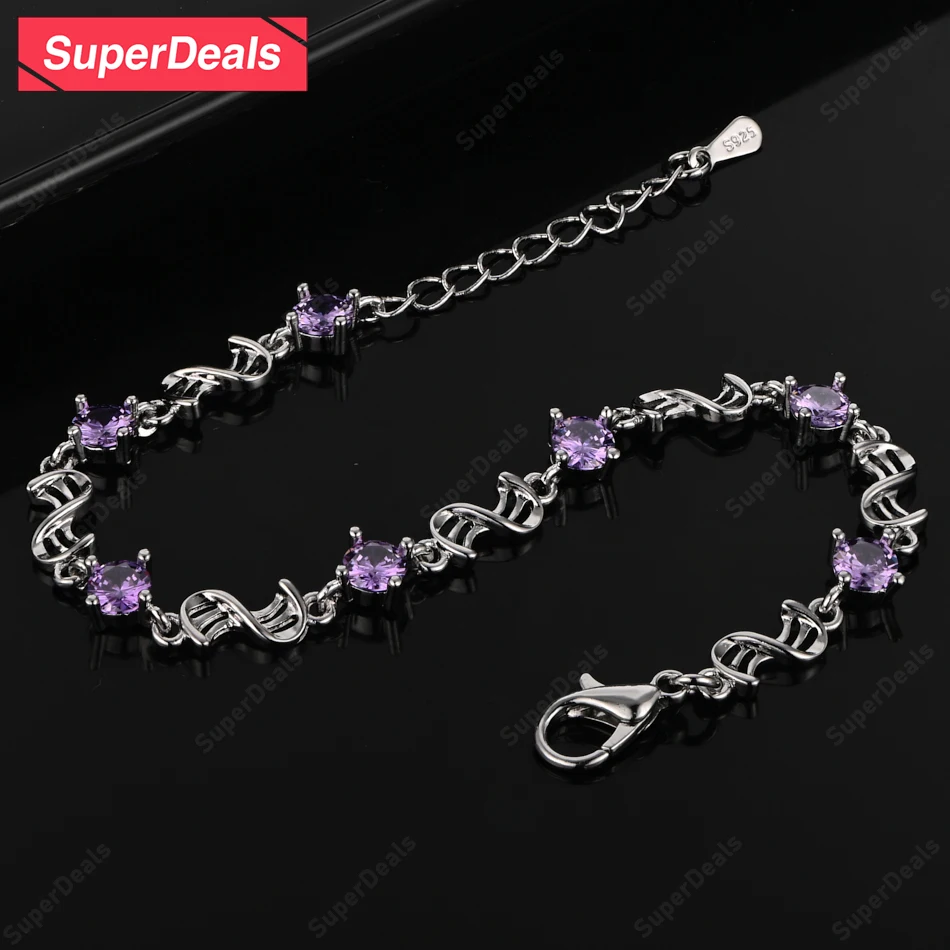 

SuperDeals Purple Zircon 925 Sterling Silver Bracelet Women Charm Wedding Happy Party Birthday Gift High Jewelry Accessories