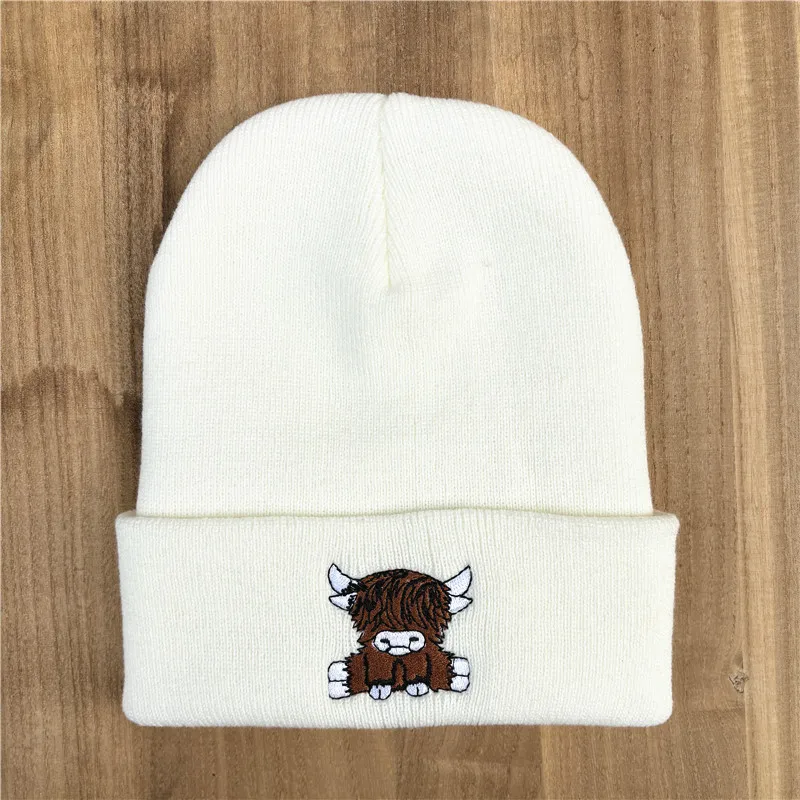 Unisex-Mütze mit Highland-Kuh-Stickerei, weiche warme Strickmütze für den Herbst und Winter – Detail 14