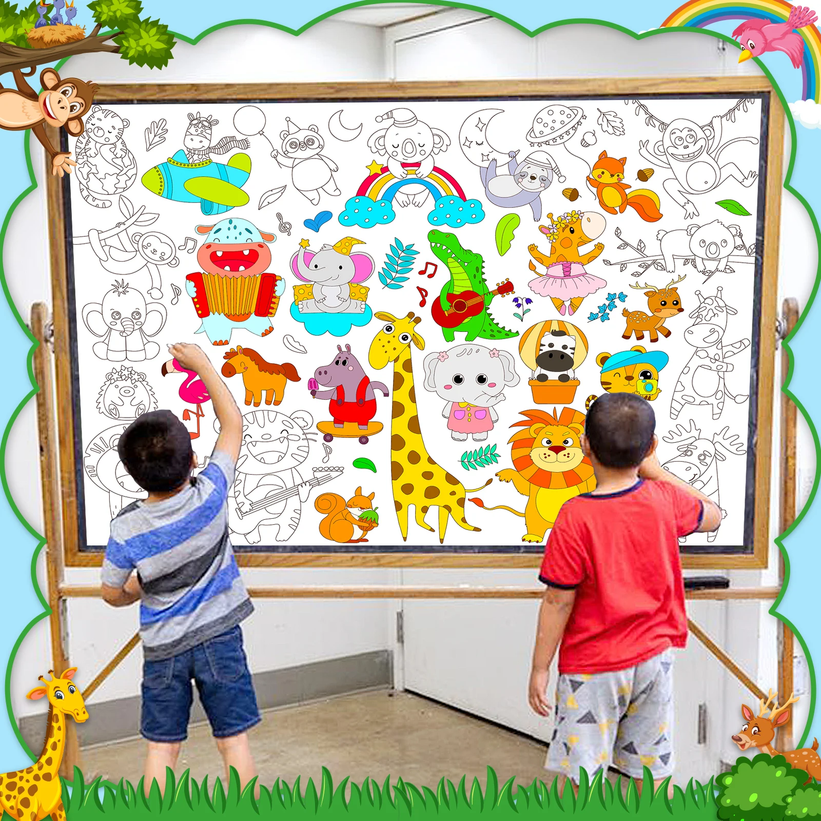 2 Pack Wild Jungle Animal Giant Coloring Poster Large Coloring Table Cloth for Kids Safari Animal Big Jumbo Coloring Pages Craft