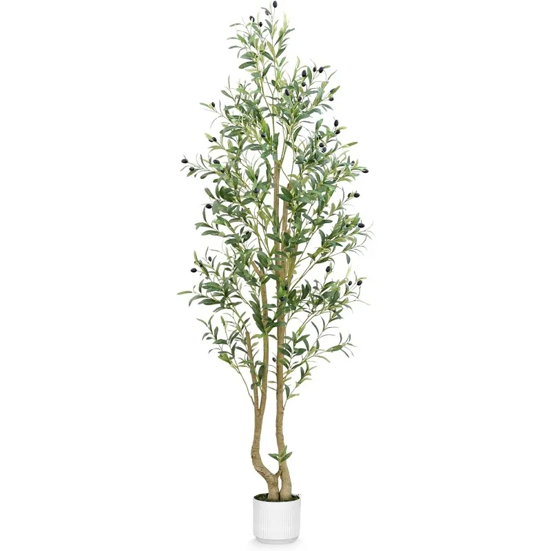 

Olive Tree 6ft, Artificial Olive Tree with White Pot, Fake Tree with 1296 Dense Leaves & 72 High-Simulated Olive Fruits -