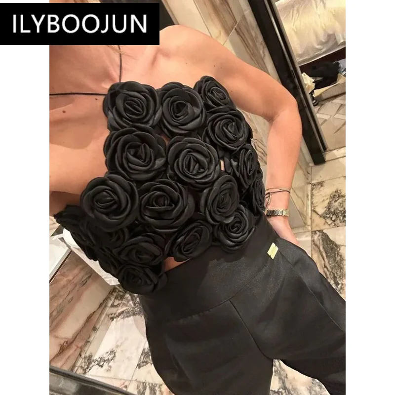 BY Women Summer Celebrity Sexy Halter Backless Flower Black Bandage Tops 2024 Celebrity Designer Fashion High Street Top