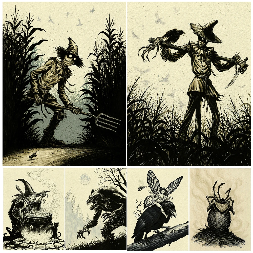 Owl,Medusa,Mermaid,Resurrection Scarecrow,Witch,Werewolf Vintage Wall Art The World Of Wicca And Magic Art Poster Print Decor