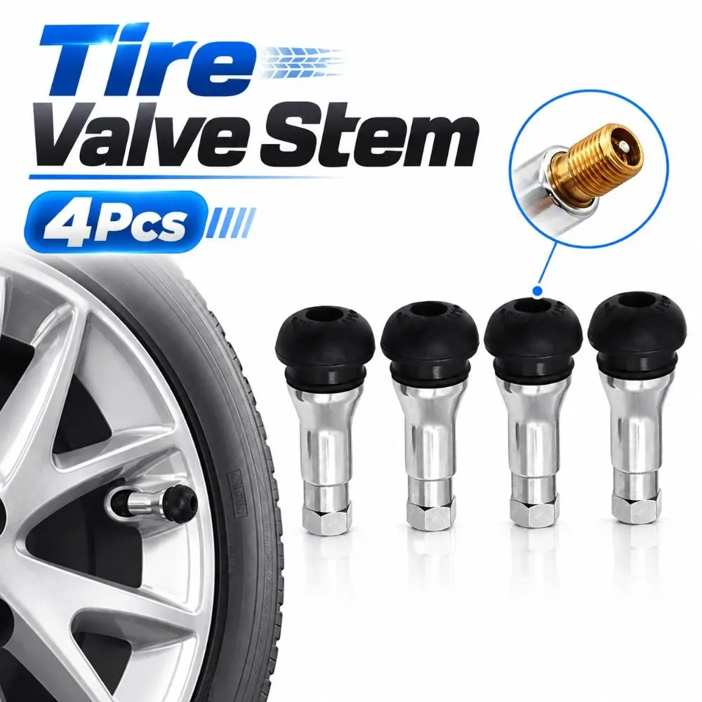 4Pcs Metal Stem Tire Valve Stem Rubber Base Sealing Grommet Tubeless Valve Stem Hexagonal Cap Built-In Valve Core