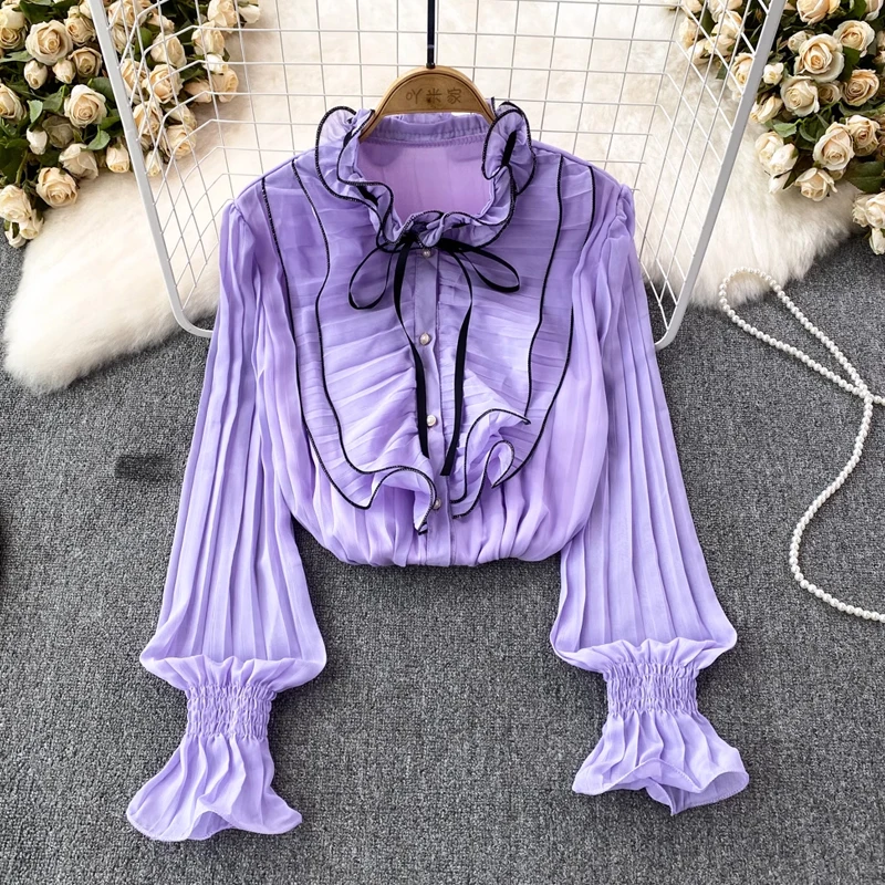 

Autumn new French high-end pleated ruffled lace-up bow chiffon long sleeve shirt for women