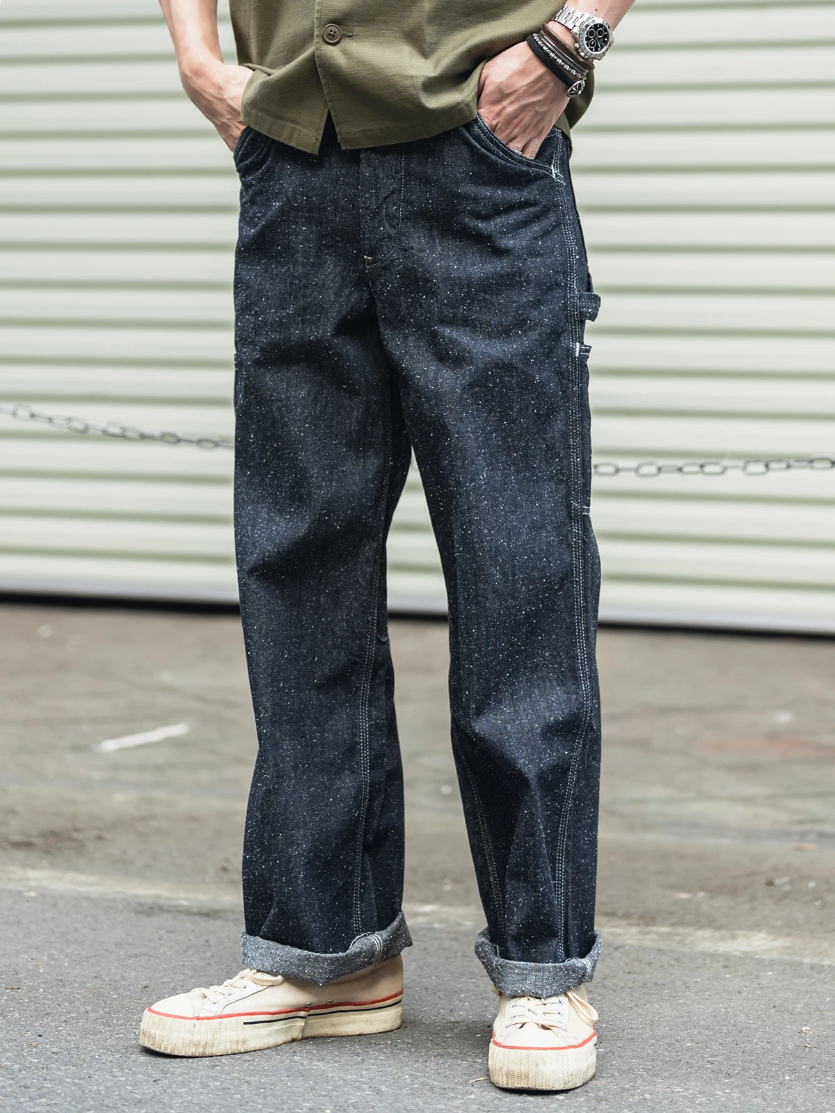 

Loose Straight Leg Workwear Jeans Non Sto W Bamboo Fiber Denim HIORY Stripe Casual Trousers for Men Youth All Seasons