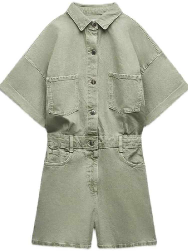 Z New Women's Retro Hong Kong Sle High Waist Cargo Denim Jumpsuit ort Sve with Cuffed Hem Workwear Faion Summer orts