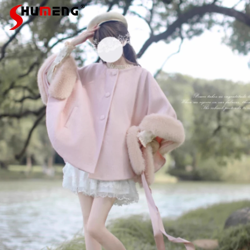 

Sweet Y2k Short Comfortable Furry Jacket Top Japanese Pink Woolen Cape Chaquetas Women's Kawaii Cute Woolen Coat Warm Outerwear