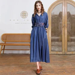 Batwing Sleeve Lyocell Long Dresses for Women, Retro Embroidery Belt, Adjustable Waist, V-Neck, Oversize, Summer, 82521