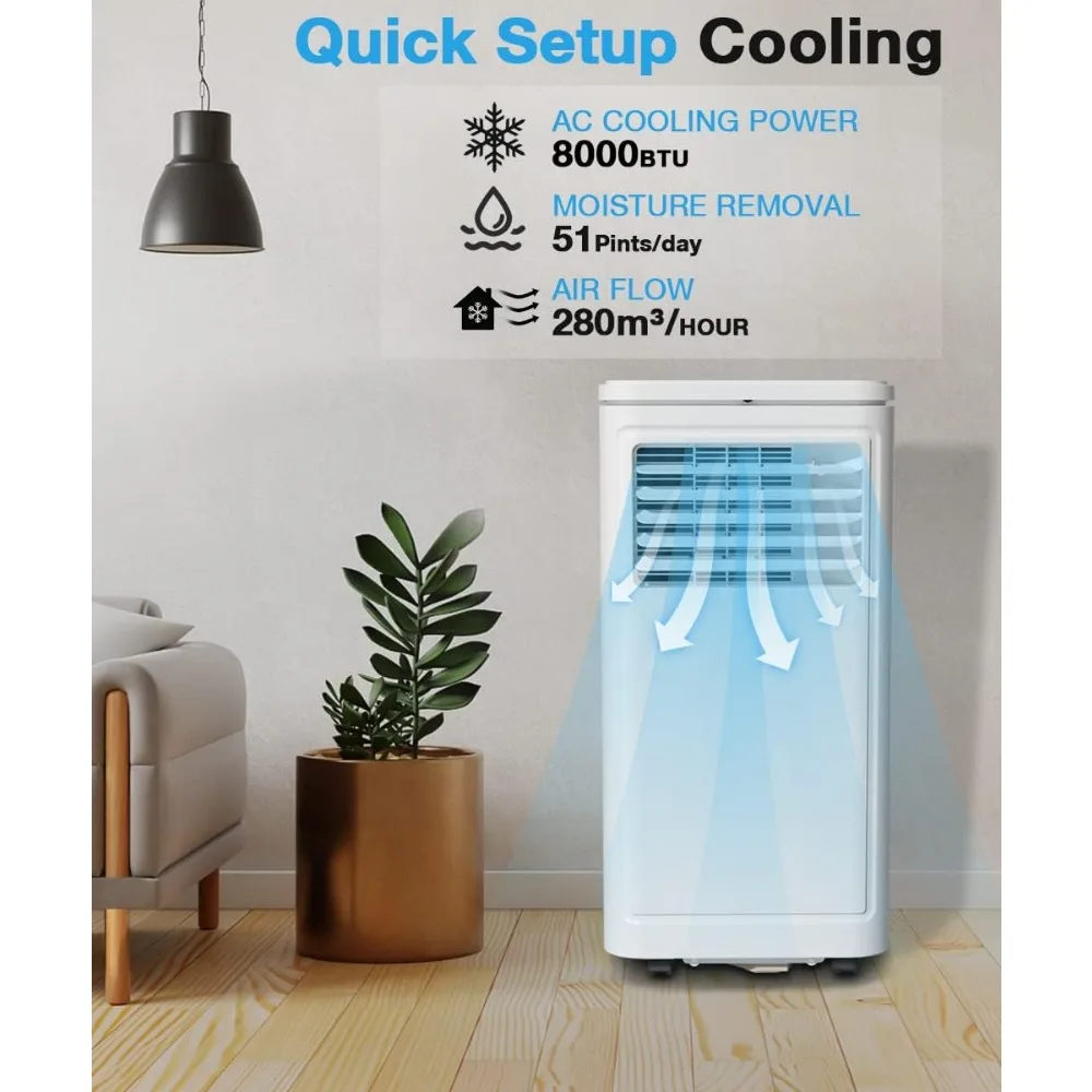 Portable Air Conditioner, 8000 BTU for Room up to 350 sq. ft, Portable AC with Dehumidifier & Fan, 2 Fan Speeds, 24H Timer