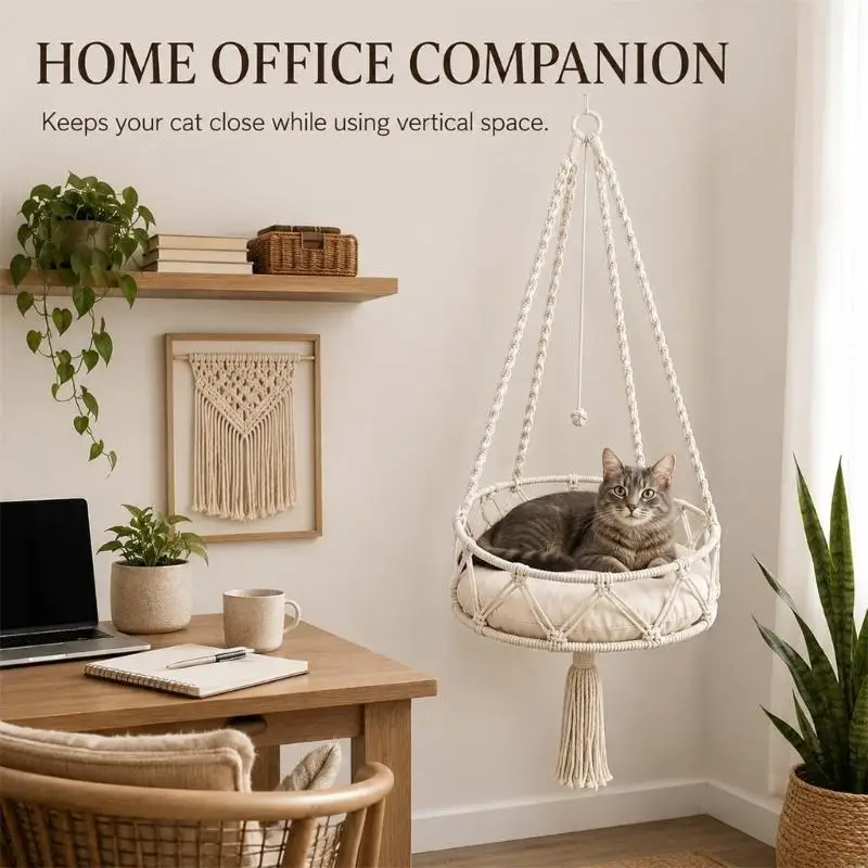 Hanging Cats Bed with Removable Padded Insert, Cotton Rope Basket That Preserves Floor Space for Indoor Resting and Quiet KXRE