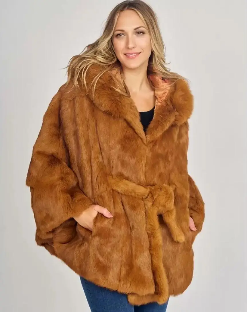 Women's genuine rabbit fur jacket, loose shawl style jacket with waist belt