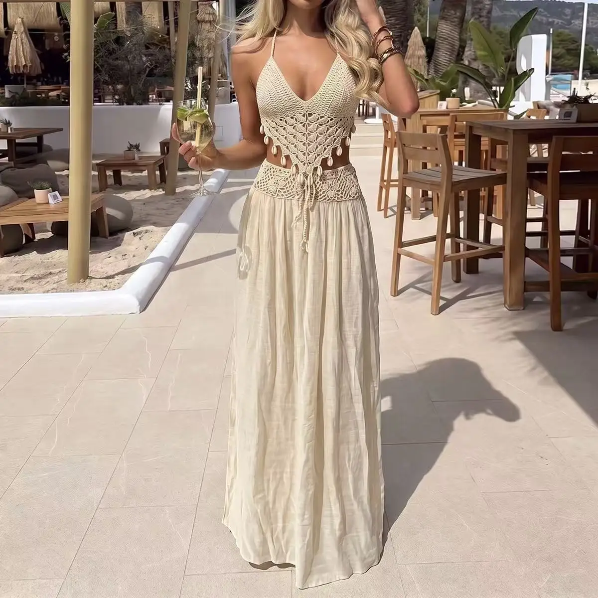 Boho Style Shell Decor Hand Hook Top Long Skirt Set, Summer Beach Vacation Tie Design Hollow Out Sheer Cover-Up Set, Two-Piece