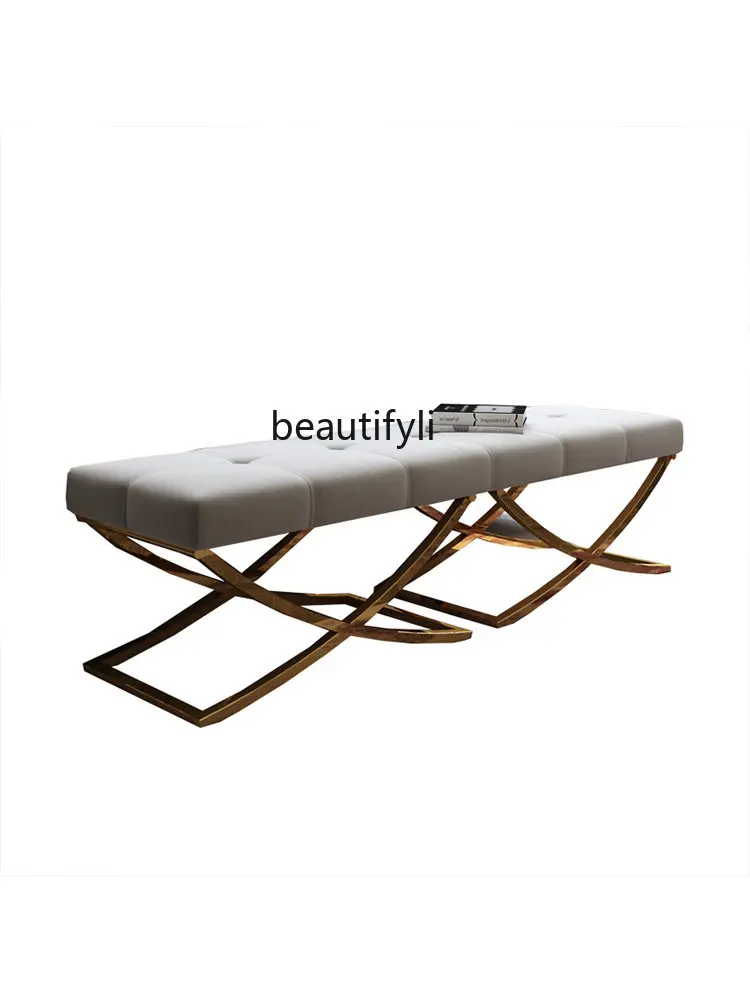 zqRoom Bed End Stool Flannel Shoe Changing Stool Neoclassical Post-Modern Stainless Steel Front Strip Sofa Stool