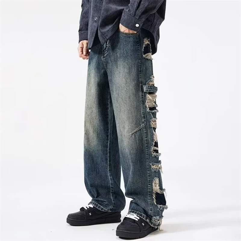 

2025 New Men's Side Ripped Distressed Wide-leg Jeans Hip Hop Skateboard Denim Pants Autumn Y2K Vintage Streetwear Jean Trousers