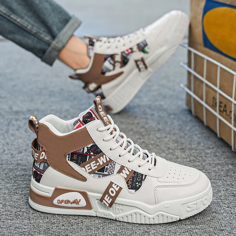 Men\'s High Top Sneakers Fashion Leather Casual Ankle Boots Street Skateboard Shoes for Men Lace Up Platform Shoe Tenis Masculino