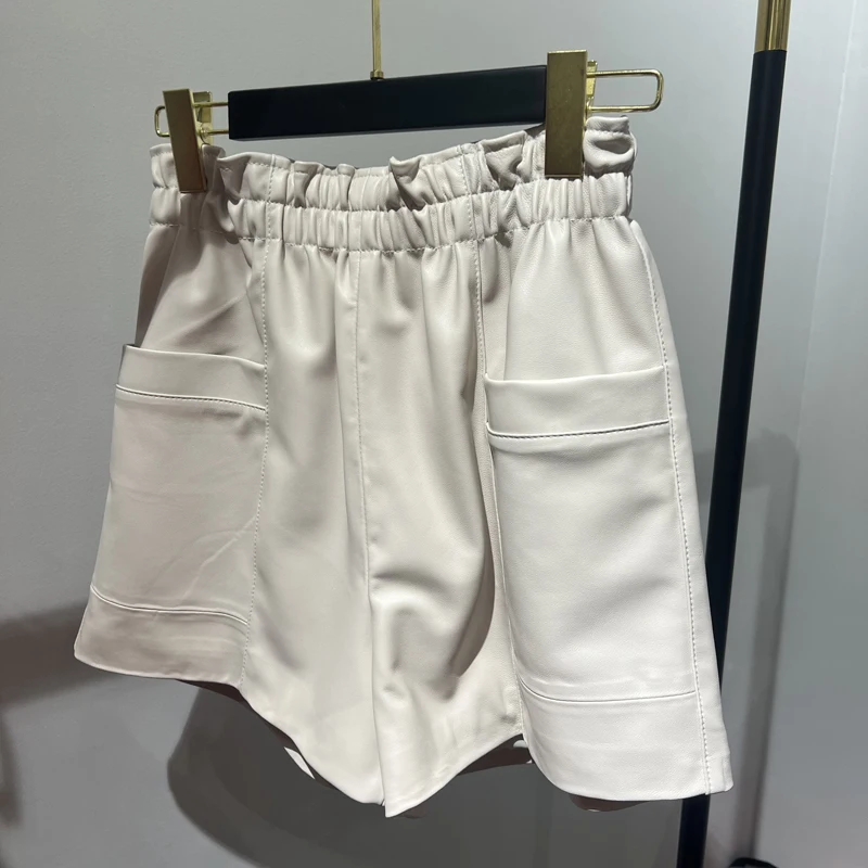 Women Clothing 2024 Fashion Feminino Genuine Leather White Casual Shorts Mujer Big Pockets Elastic Waist Sexy Mini Booty Pants