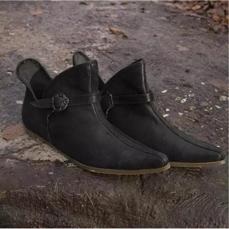 Knight Prince Shoes Pirate Boots Medieval Women's Vintage Brown Buckle Leather Boots Short Flat Shoes Cosplay Pirate Renaissance