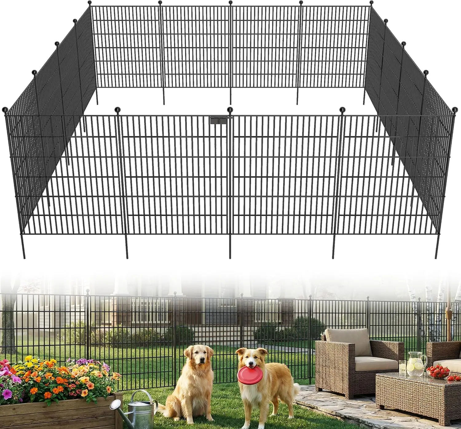 

No Dig Garden Fence 10 Panels with Gate 32in H x 24.2ft L Metal Rustproof Animal Barrier for Dogs Rabbits Patio