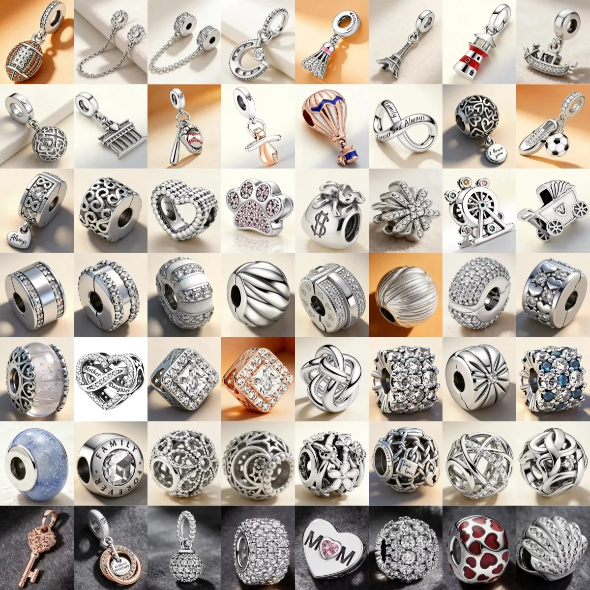 Hot Selling S925 Silver Lighthouse Badminton Baby Cart Zircon Safety Buckle Charm Bead Fit for Bracelet DIY Women's Fine Jewelry