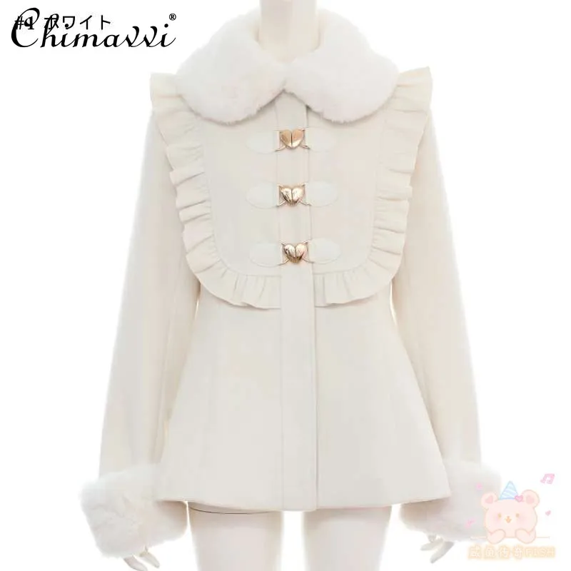 

2025 Autumn and Winter New Japanese Style Mass-Produced Plush Warm Lace Coat Sweet Girl Temperament Warm Lolita Coats Women