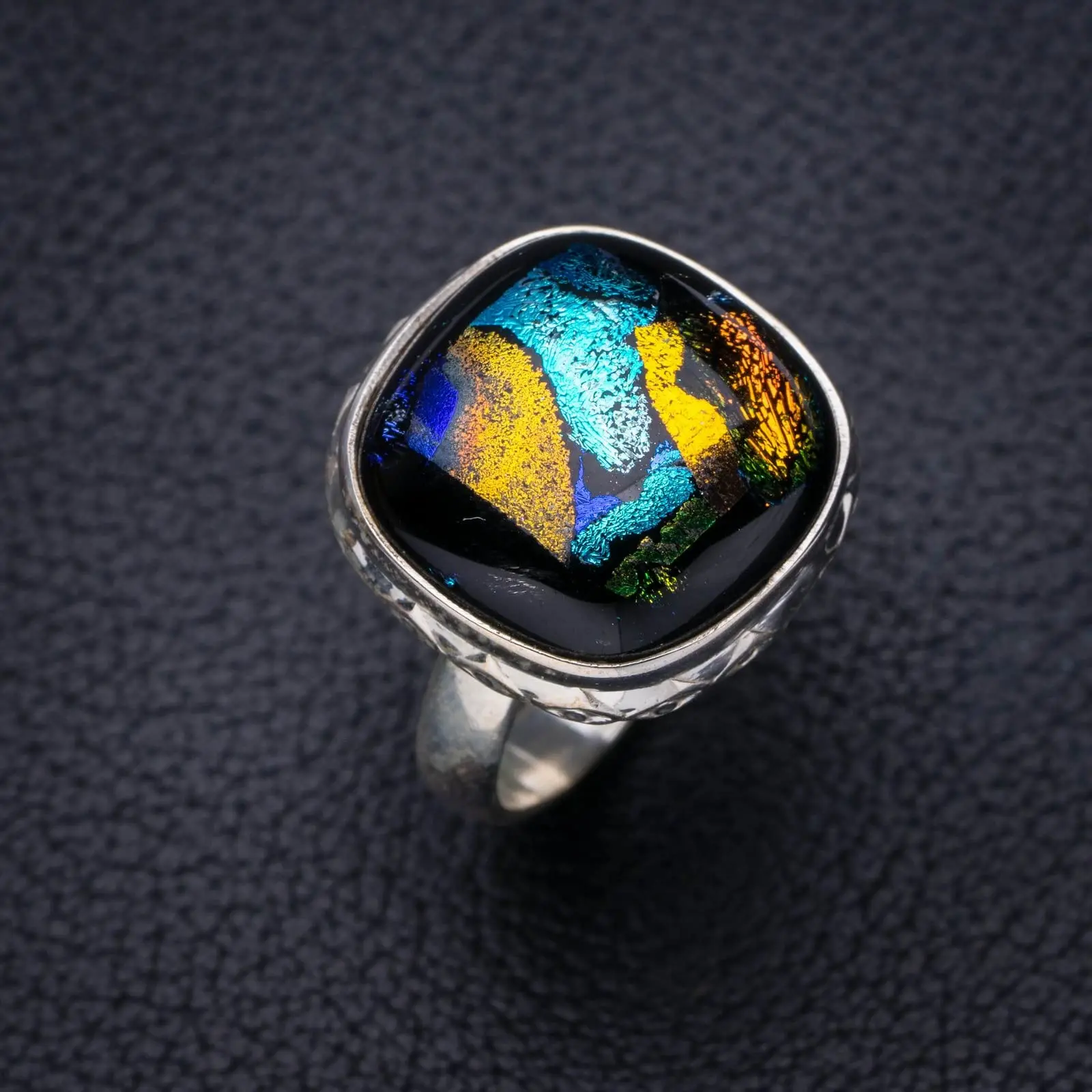 StarGems® Natural Rainbow Dichroic Glass Handmade 925 Sterling Silver Ring 6.5 E8239