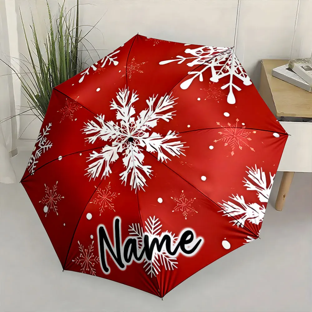 Custom Name  Snowflake-Patterned Red Umbrella for Winter Style Print 8 Iron Ribs Folding Umbrella Auto-Open Fashion Sunshade