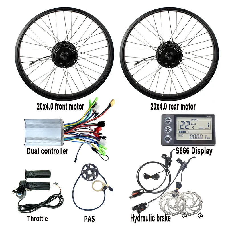 20 20x4.0 20x4 Inch Geared 48V 750W Fat Tire Rear And Front Dual Motor Electric Bicycle E Bike Conversion Kit