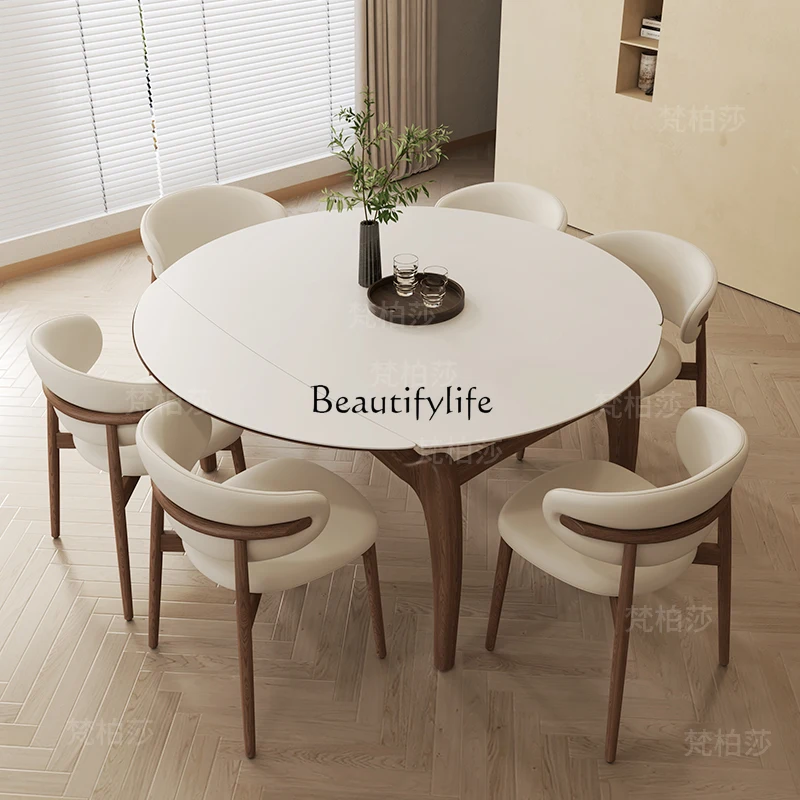 

Cream Style Milky White Matte Rock Board Dining Table Folding Telescopic Cat Ear Dining Table Square to Round Dual-use