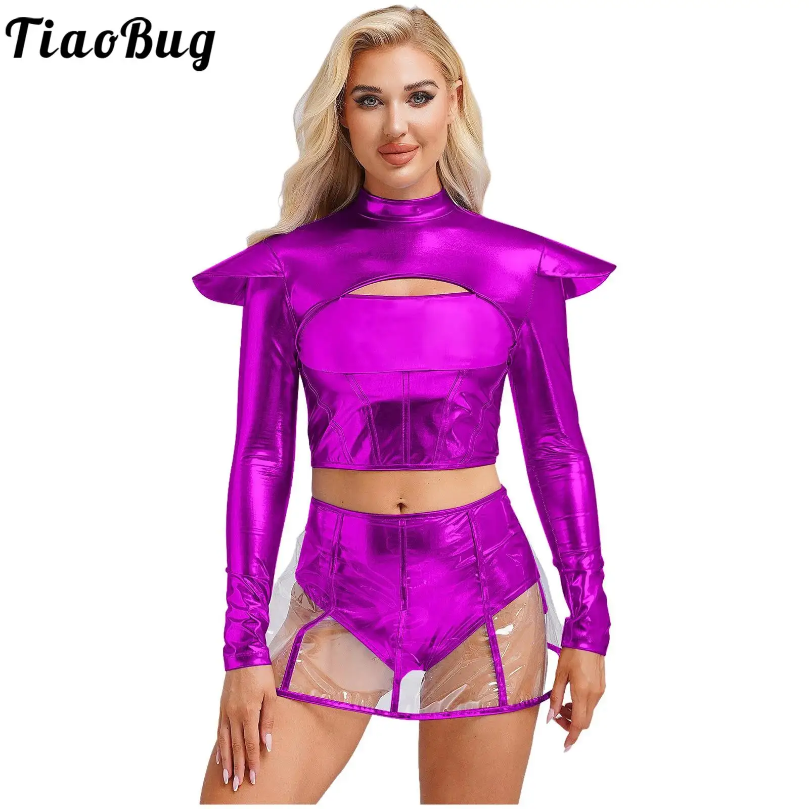 

Women Galaxy Alien Astronaut Outer Space Role Play Costume Long Sleeve Crop Top with Briefs Skirt for Carnival Party Halloween