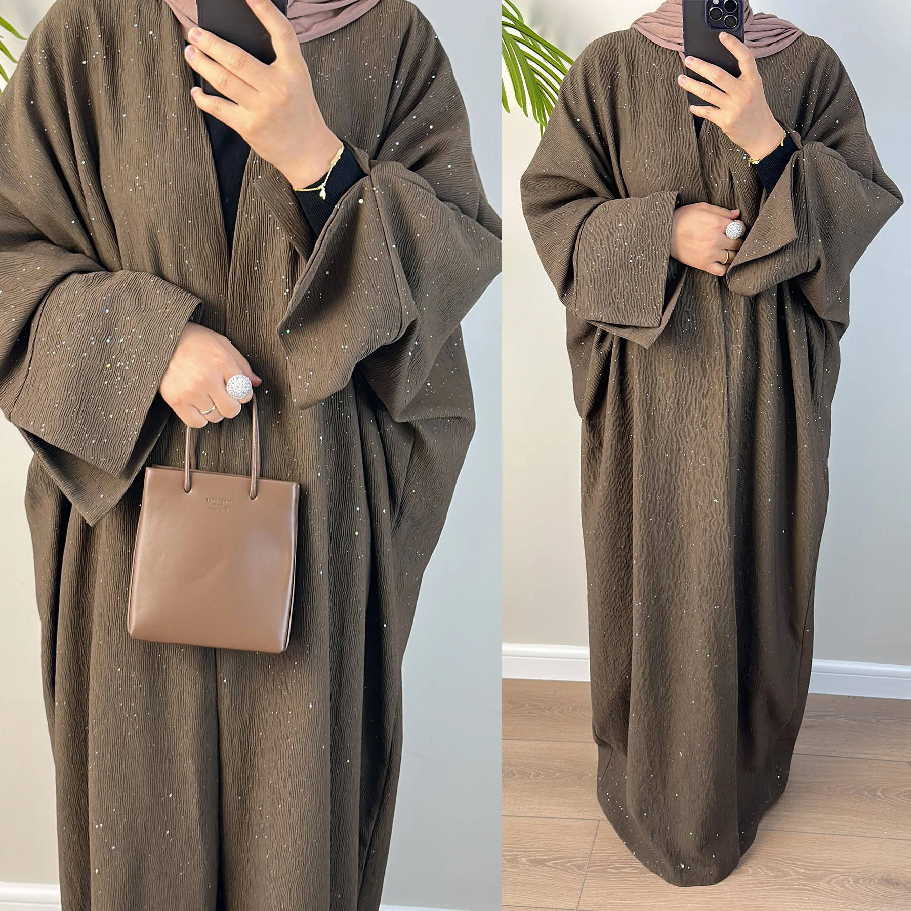 Middle East Autumn and Winter Thickened Starry Sky Bat Sleeve Floor Sweeping Robe Muslim Elegant Warm Women Abaya Cardigan