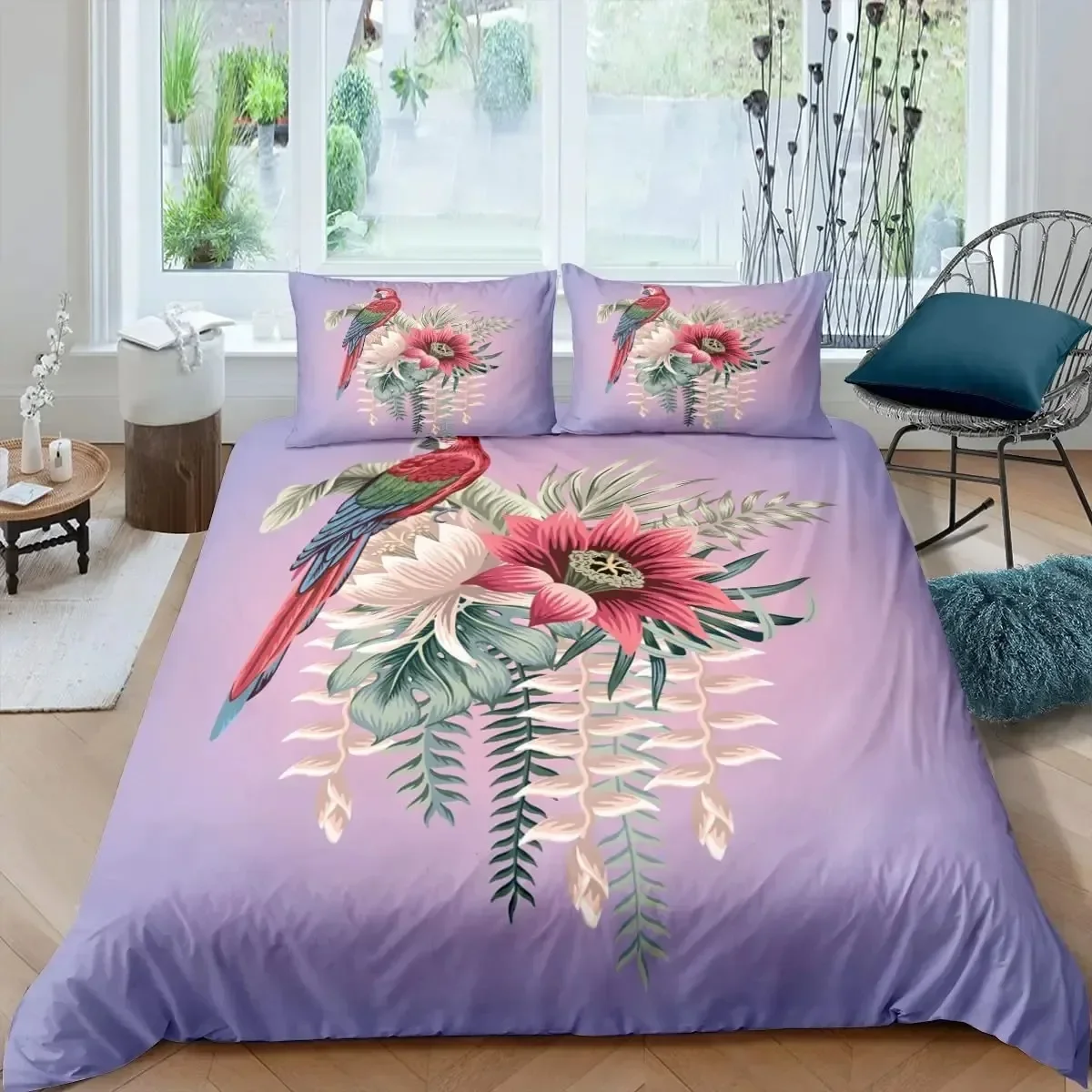Parrot King Queen Bedding Set Cute Birds Colourful Feather Duvet Cover Tropical Flowers Comforter Cover Polyester Quilt Cover