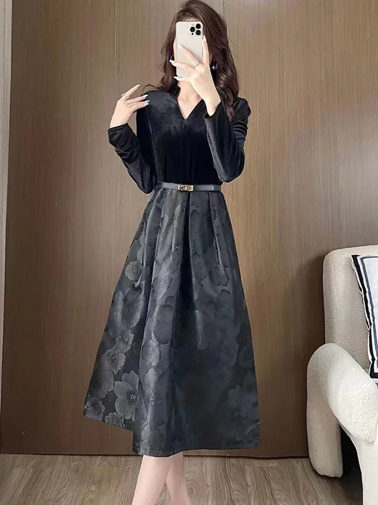 Black Velvet Patchwork Floral Fake Two Piece Dress Women Autumn Winter Dresses for Special Events 2024 Korean Elegant Prom Dress