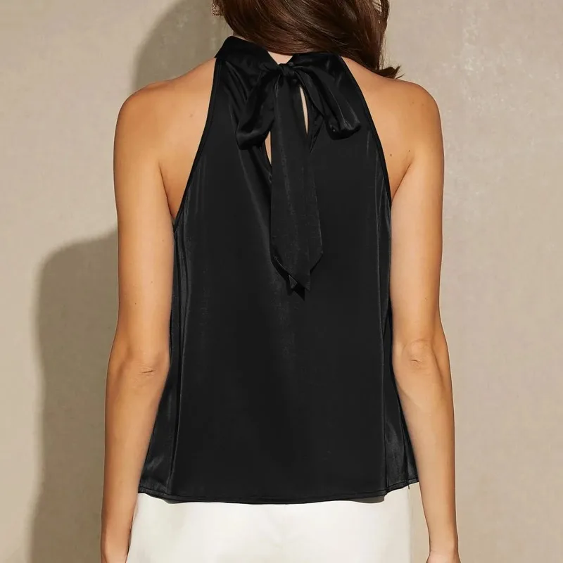 Débardeur élégant en Satin à col licou pour femme, t-shirt sans manches de couleur unie, haut court basique, Image de mode, vêtements pour dames