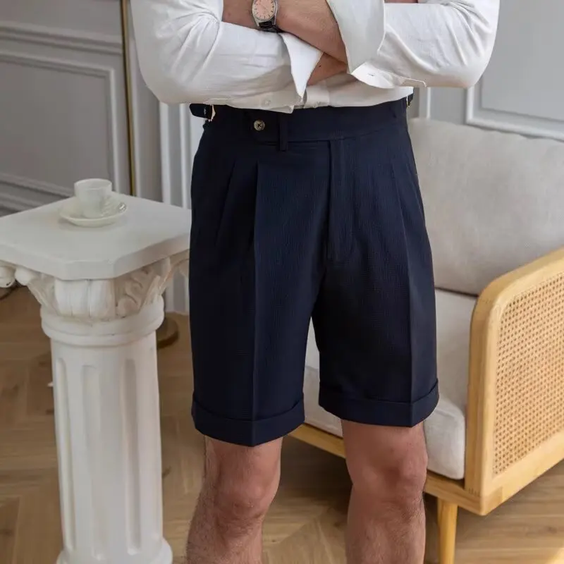Brand Clothing Italian Naples Style Men's Bubble Yarn Shorts Summer Casual Baggy High Waist Cuffed Hem Beach Pants Bermuda Short