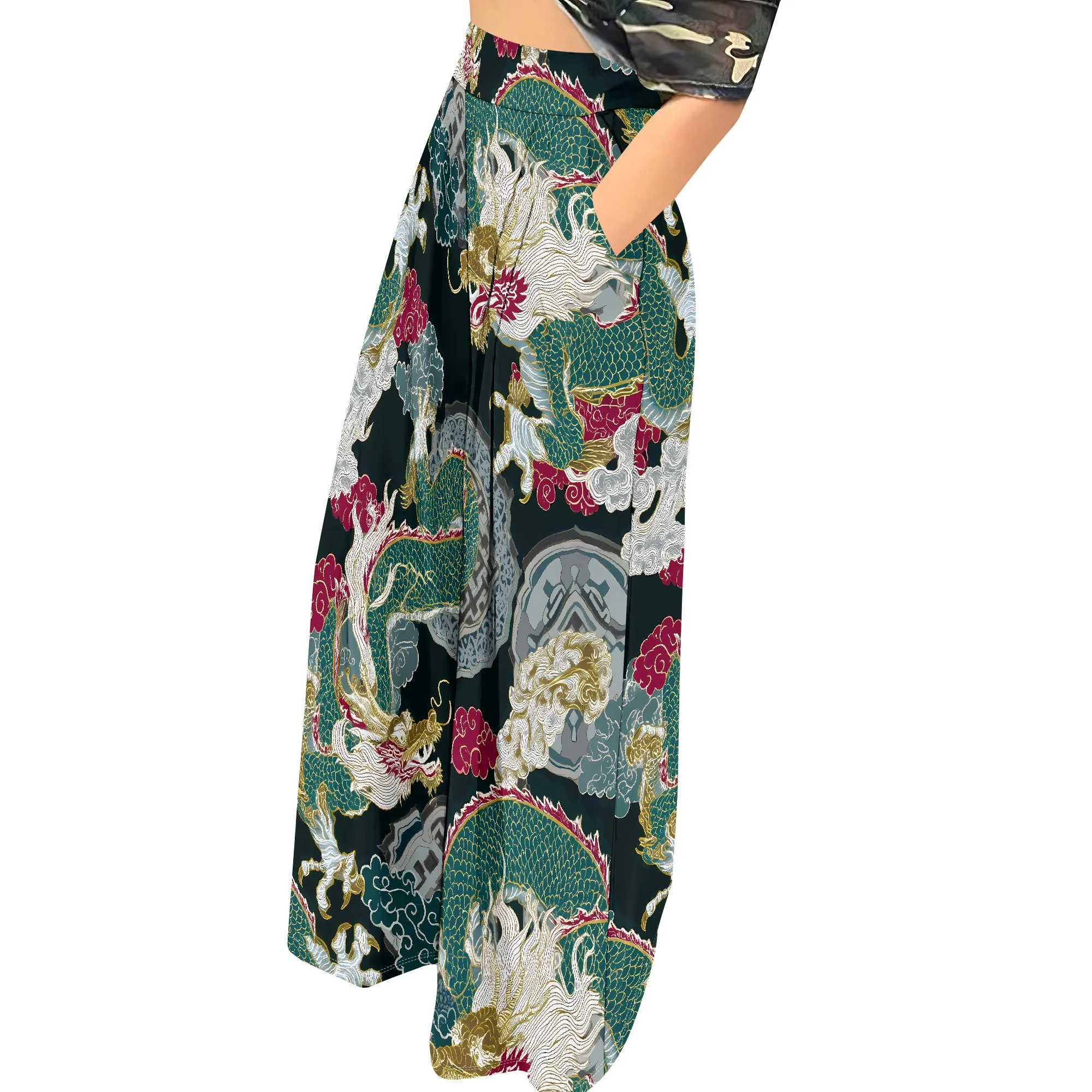 Dragon Print High Waist Wide Leg Pants, Loose Fit Palazzo Trousers, Casual Beach Wear for Women, S-2XL