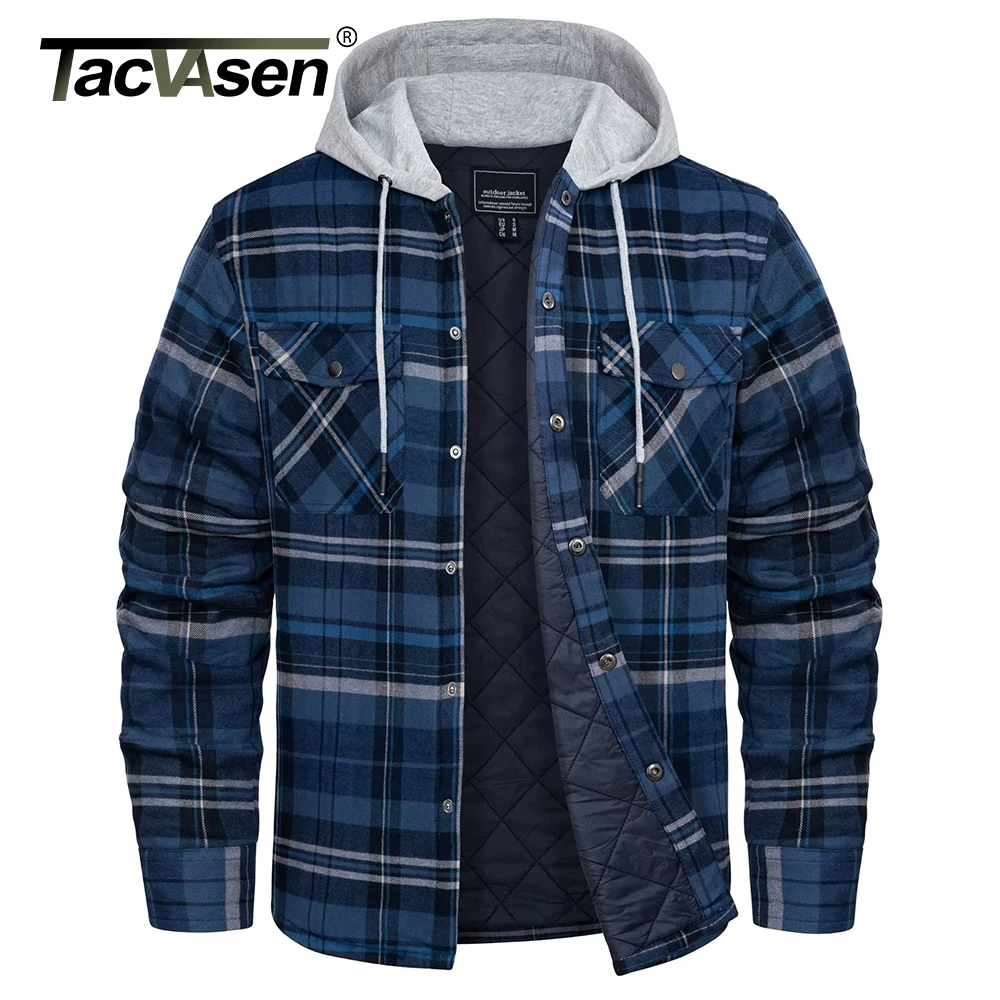 TACVASEN Men\'s Flannel Shirt Jackets with Hood Long Sleeve Quilted Lined Plaid Coats Thick Warm Winter Casual Hoodie Outerwear